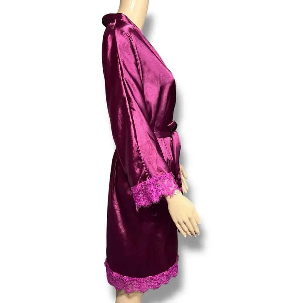 Besdel Womens Silky Robe Pajama Sleepwear Lace Accent Pockets Tie Closure Pink L